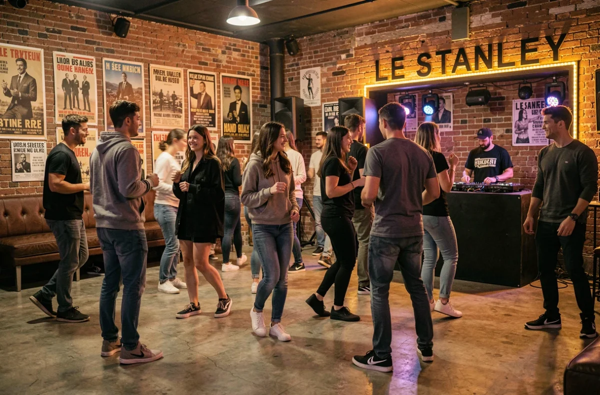 Intérieur du club Le Stanley avec piste de danse en béton poli, murs en briques et jeunes adultes dansant sous des LED ambrées