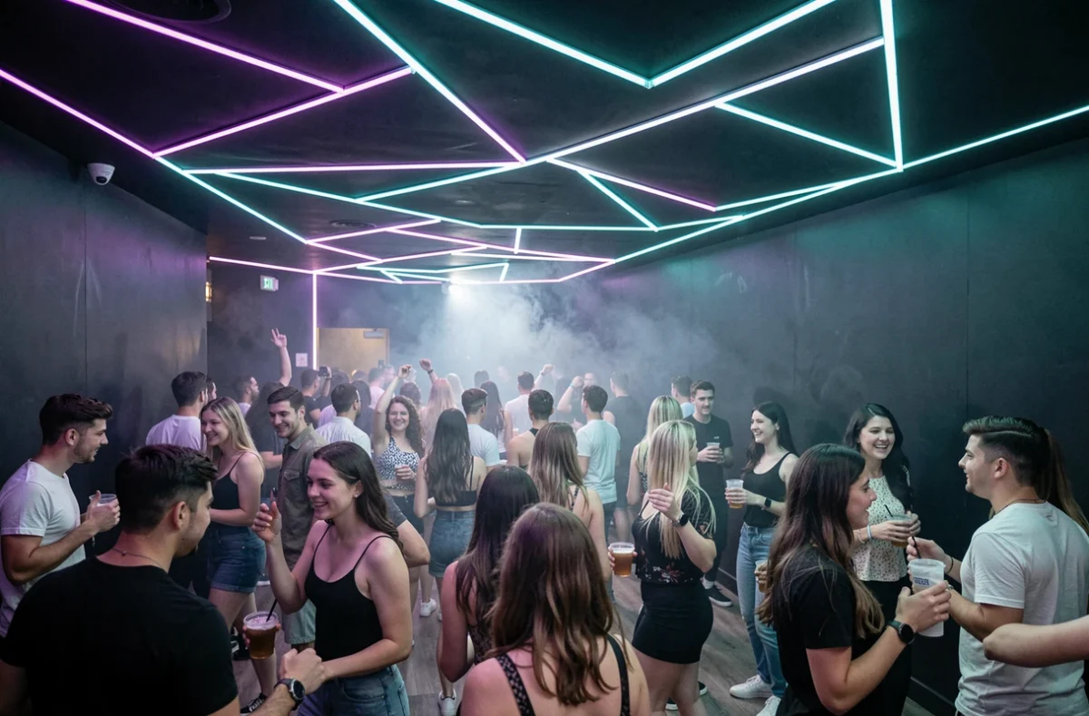 Salle principale du Stirwen avec installations LED géométriques au plafond et piste de danse bondée dans une ambiance moderne bretonne