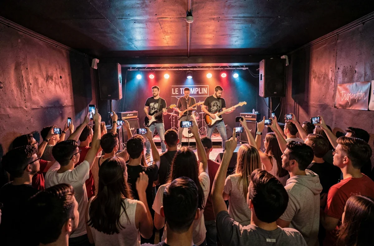 Scène du club Le Tremplin avec un groupe de rock en pleine performance devant un public enthousiaste dans une salle bretonne intime