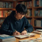 Jeune homme lisant un manga assis à un bureau encombré de volumes manga dans un appartement japonais