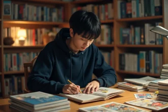 Jeune homme lisant un manga assis à un bureau encombré de volumes manga dans un appartement japonais