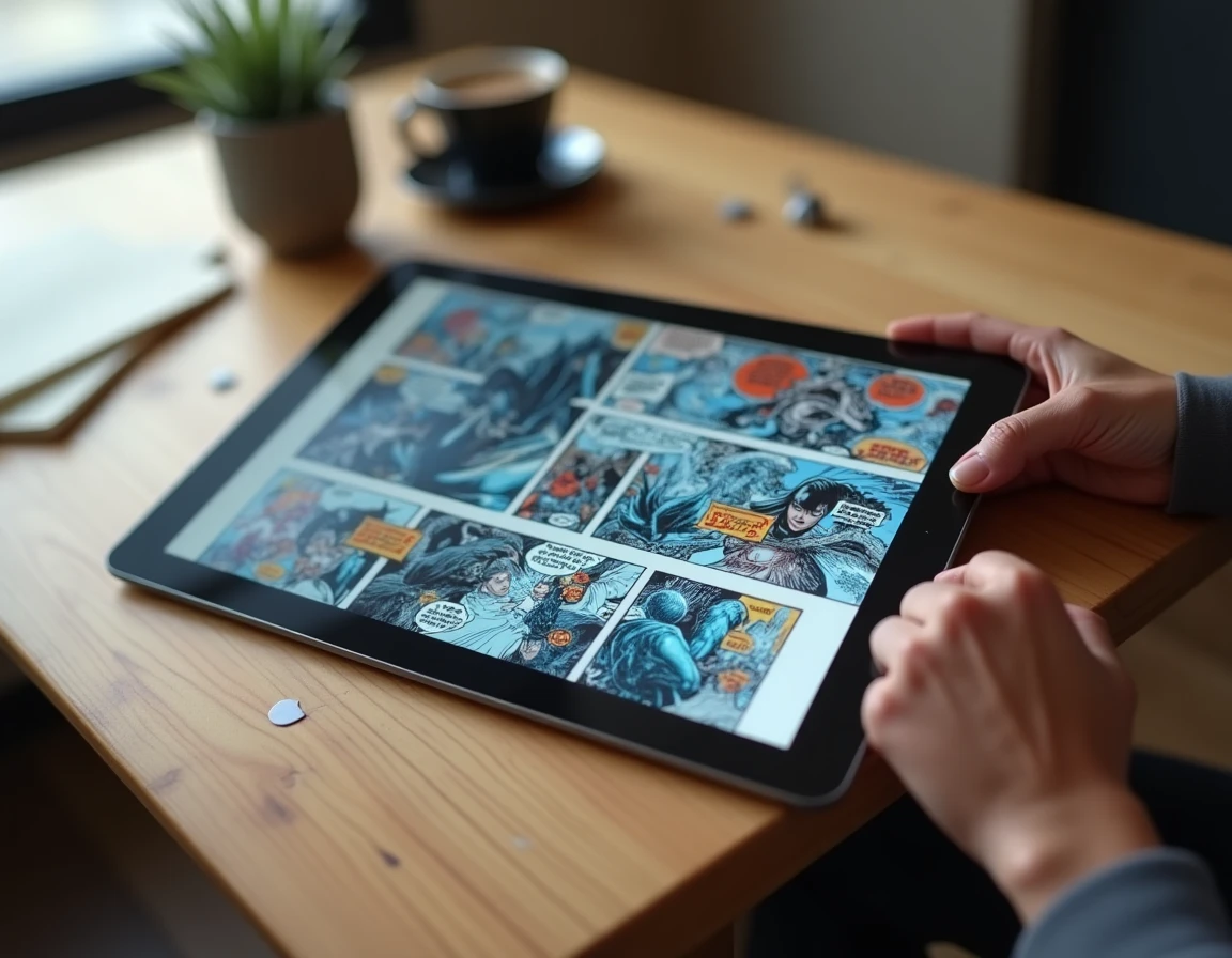 Tablette affichant un chapitre de manga One Piece posée sur une table avec une tasse de café