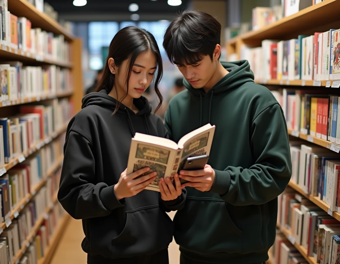 Deux jeunes adultes comparant leur liste de lecture manga sur smartphone dans une librairie spécialisée manga