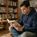 Jeune homme lisant un manga One Piece dans son appartement entouré de volumes de mangas