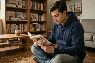 Jeune homme lisant un manga One Piece dans son appartement entouré de volumes de mangas
