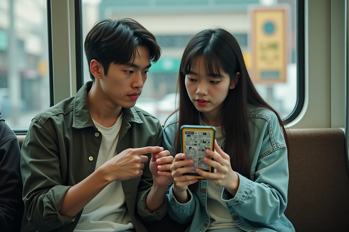 Deux jeunes adultes lisant des scans de manga sur smartphone dans les transports en commun