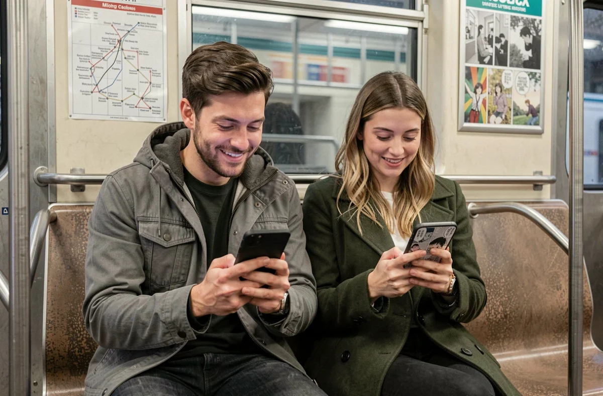 Deux lecteurs de manga lisant One Piece sur smartphone dans le métro pendant leurs trajets