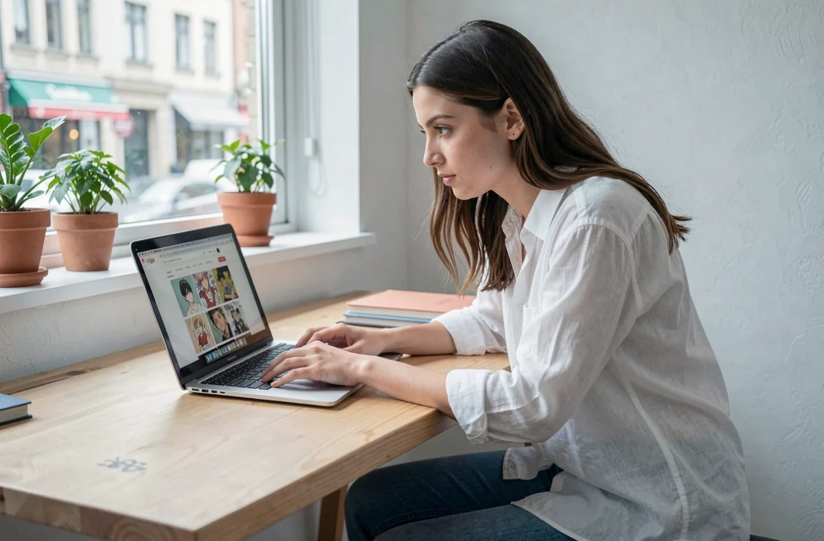 Jeune femme lisant le scan One Piece légalement sur un site officiel depuis son ordinateur portable