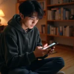 Jeune homme lisant des scans Demon Slayer sur smartphone dans une chambre style japonais