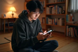 Jeune homme lisant des scans Demon Slayer sur smartphone dans une chambre style japonais