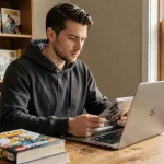 Jeune homme lisant des scans de manga en ligne sur un laptop dans un bureau à domicile entouré de volumes physiques
