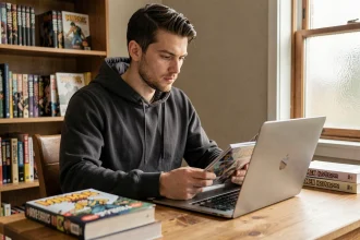 Jeune homme lisant des scans de manga en ligne sur un laptop dans un bureau à domicile entouré de volumes physiques