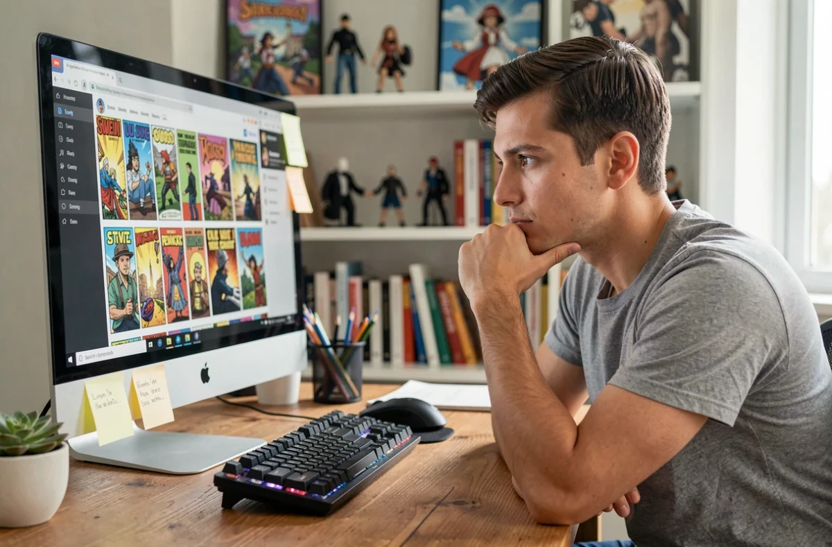Homme consultant un site de lecture de webtoons sur un ordinateur de bureau dans un bureau à domicile