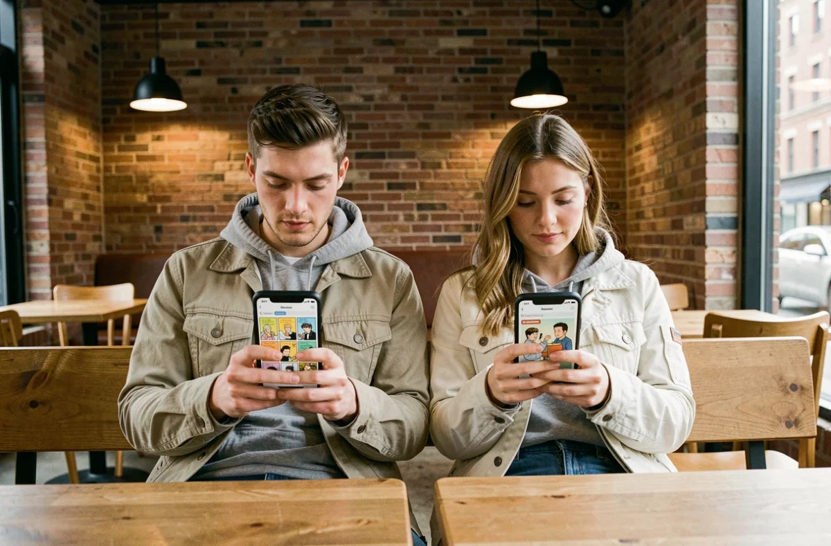 Deux jeunes adultes lisant des webtoons sur leurs smartphones dans un café urbain moderne