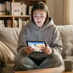 Jeune femme lisant des webtoons sur une tablette dans un salon cosy, entourée de mangas