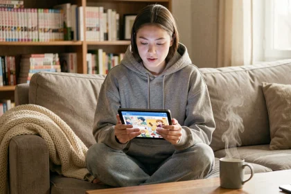 Jeune femme lisant des webtoons sur une tablette dans un salon cosy, entourée de mangas