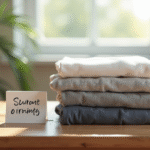 Pile de vêtements pliés avec note de suivi en lumière naturelle