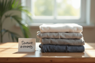 Pile de vêtements pliés avec note de suivi en lumière naturelle