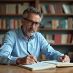 Linguiste homme lisant des dictionnaires français