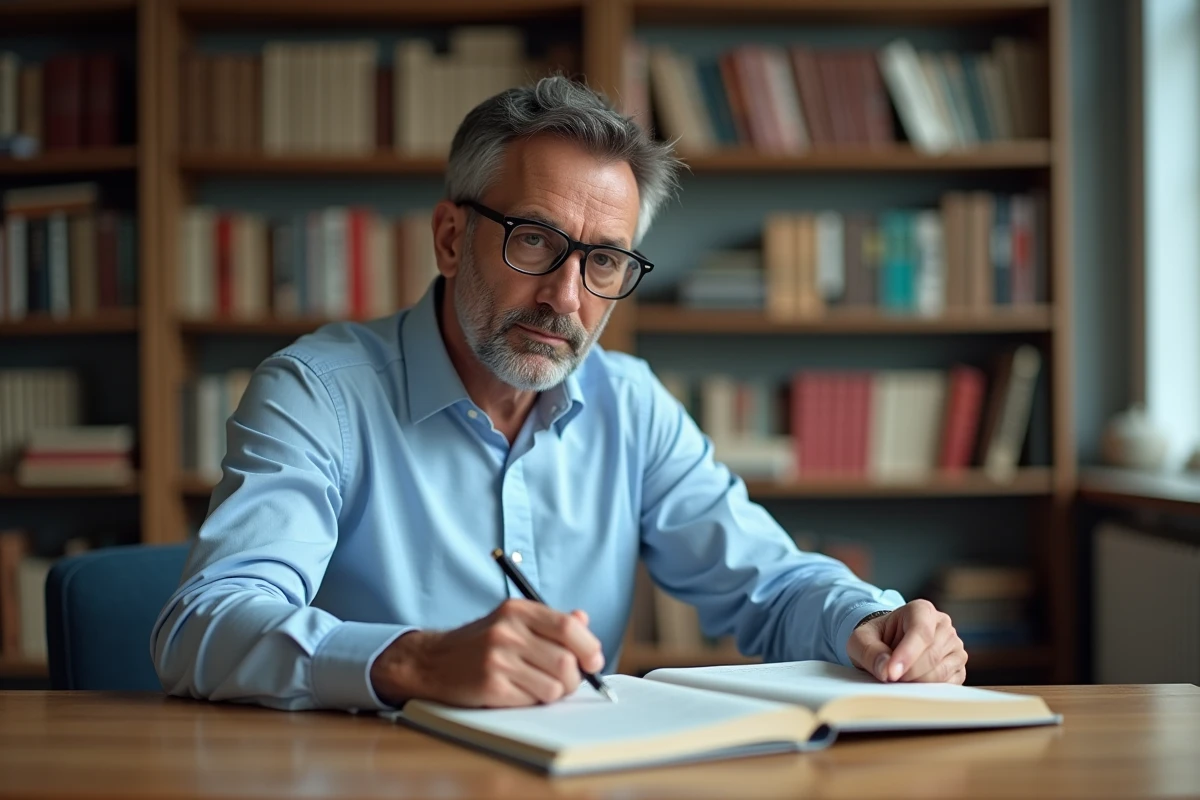 Linguiste homme lisant des dictionnaires français