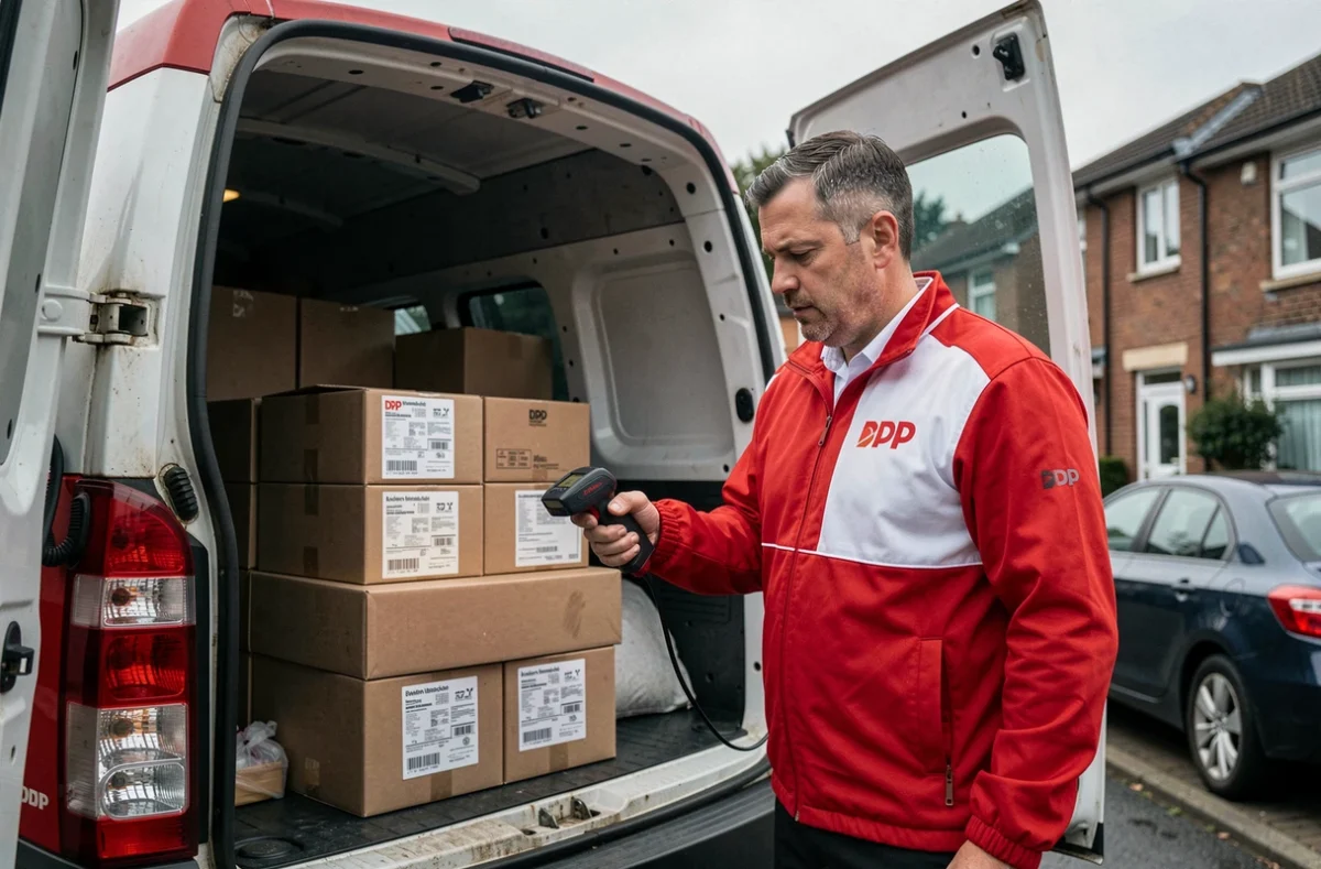 Livreur DPD en uniforme scannant un colis devant son camion de livraison dans une rue résidentielle