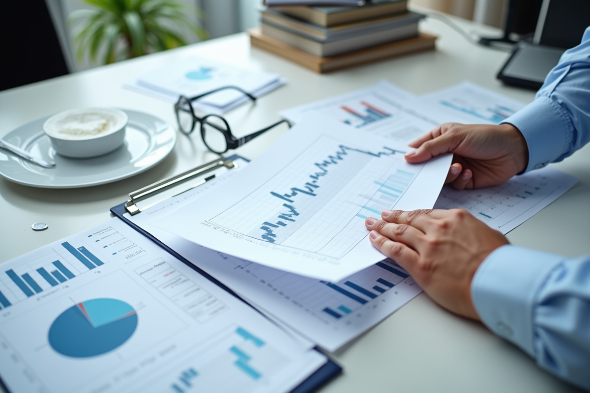 Mains d un professionnel tenant un rapport de marché sur un bureau clair