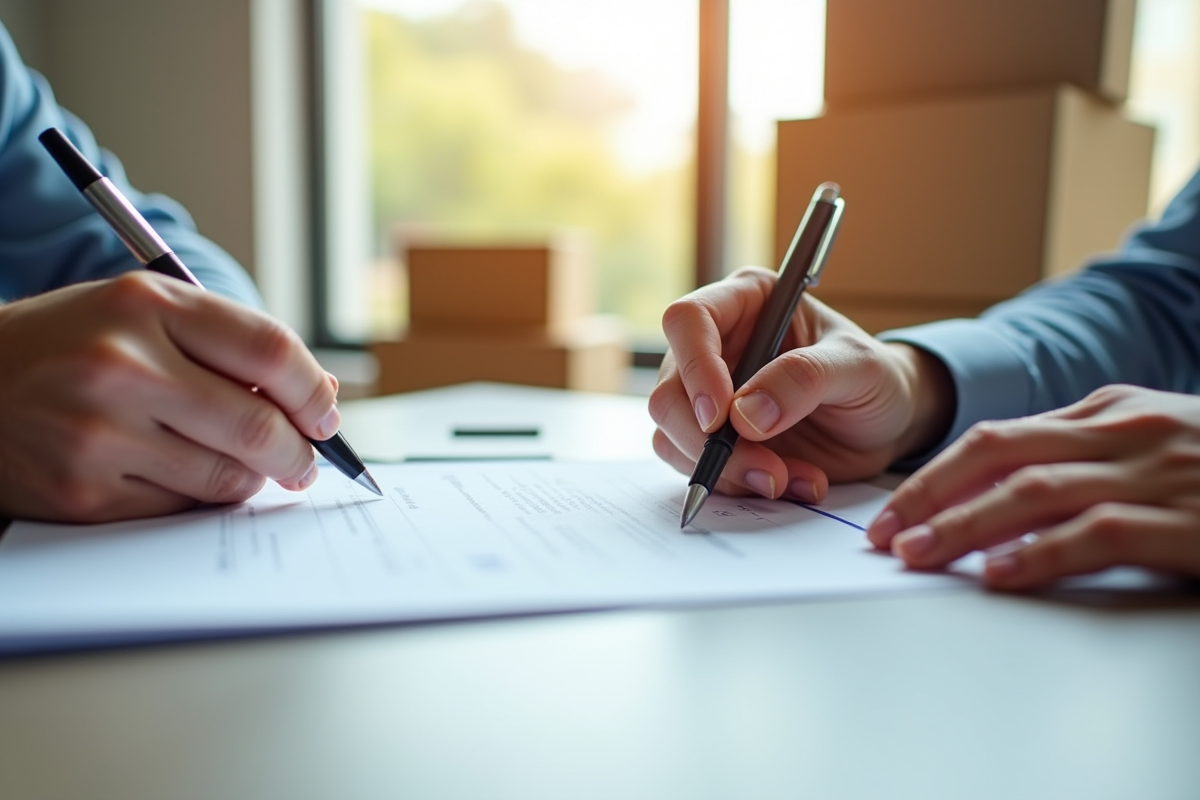 Mains écrivant sur des papiers officiels avec des cartons en arrière-plan