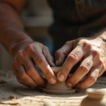 Mains d'un artisan âgé façonnant de l'argile en atelier