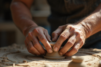 Mains d'un artisan âgé façonnant de l'argile en atelier