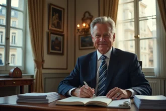 Maire en costume dans son bureau lumineux et élégant