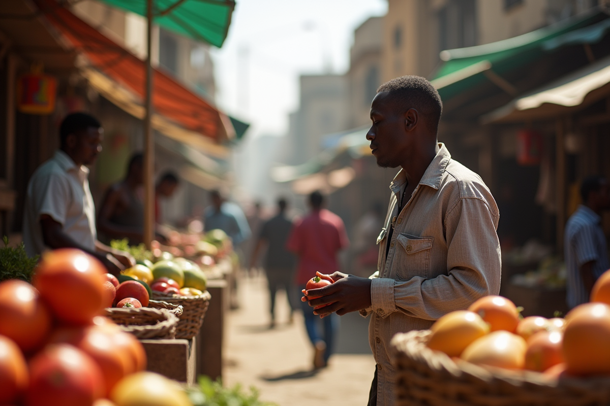 Marché animé en plein air à Addis Ababa avec produits frais