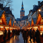 Marché de Noël à Strasbourg en soirée avec cathédrale illuminée
