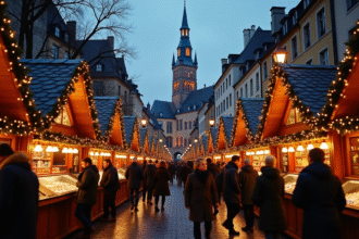 Marché de Noël à Strasbourg en soirée avec cathédrale illuminée