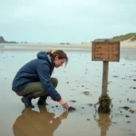 Femme observant un bassin de marée basse sur la plage de Saint-Hilaire-de-Riez à marée basse, sable mouillé et algues visibles