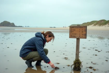 Femme observant un bassin de marée basse sur la plage de Saint-Hilaire-de-Riez à marée basse, sable mouillé et algues visibles