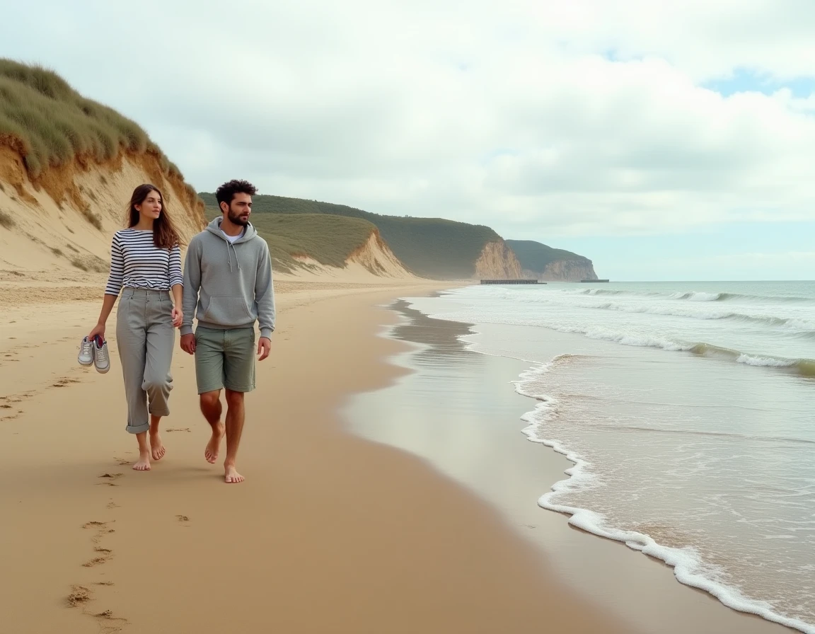 Couple se promenant à marée descendante sur la plage de Saint-Hilaire-de-Riez, chenaux de sable et mer en retrait visibles