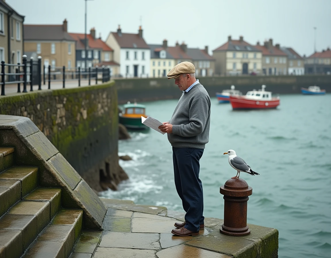 Homme consultant les horaires des marées sur une jetée en pierre à marée haute près de Saint-Hilaire-de-Riez, bateaux de pêche amarrés