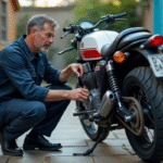 Mécanicien homme inspectant une moto en extérieur