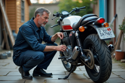 Mécanicien homme inspectant une moto en extérieur