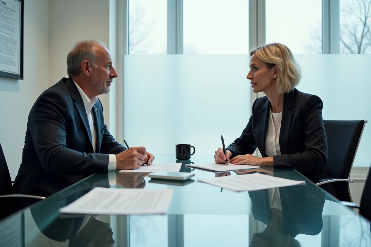 Deux professionnels du droit en réunion de médiation autour de documents juridiques, illustrant le cadre de la tentative de résolution amiable imposée par l'article 750-1 du Code de procédure civile