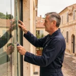 Vitrier professionnel installant une grande vitre sur une façade moderne dans l'Hérault
