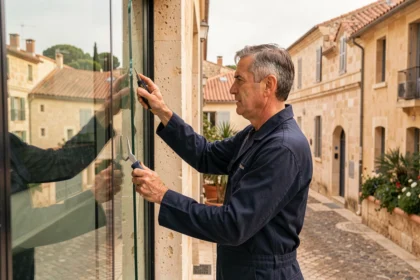 Vitrier professionnel installant une grande vitre sur une façade moderne dans l'Hérault