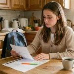 Mère consultant un calendrier scolaire semaines paires 2026 à la table de la cuisine