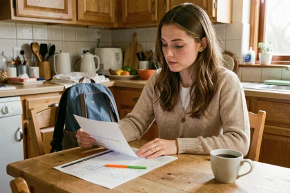 Mère consultant un calendrier scolaire semaines paires 2026 à la table de la cuisine