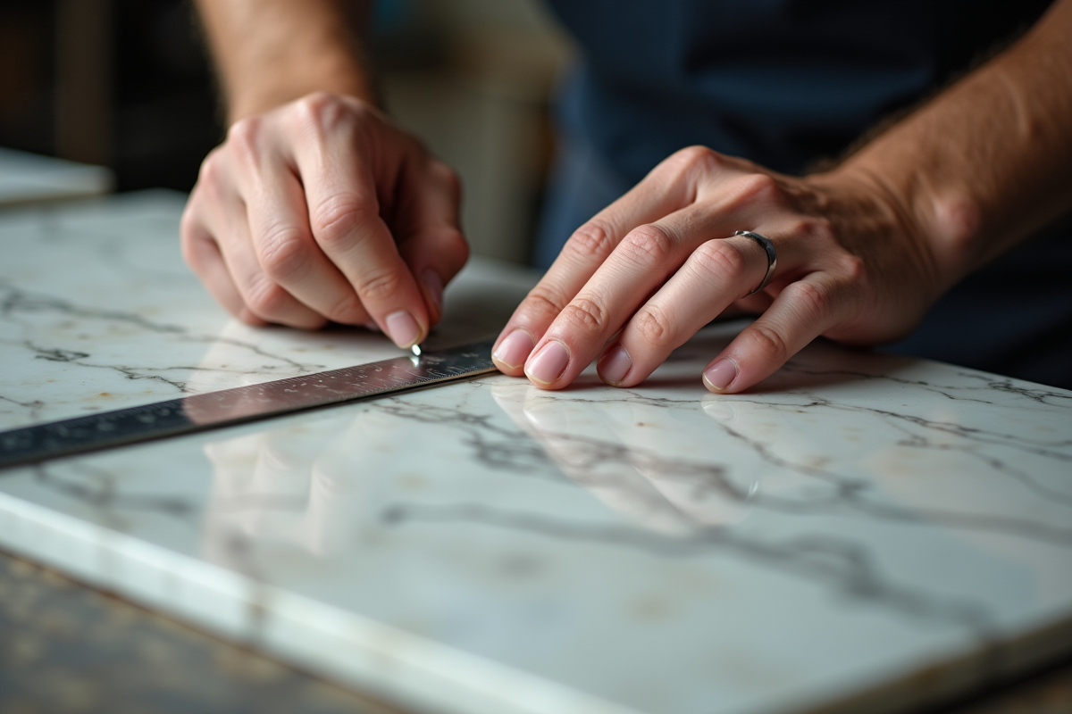 Mains d’un artisan mesurant un marbre luxueux avec précision