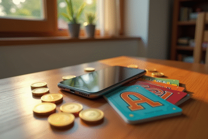 Smartphone affichant Monopoly Go avec pièces d'or et cartes