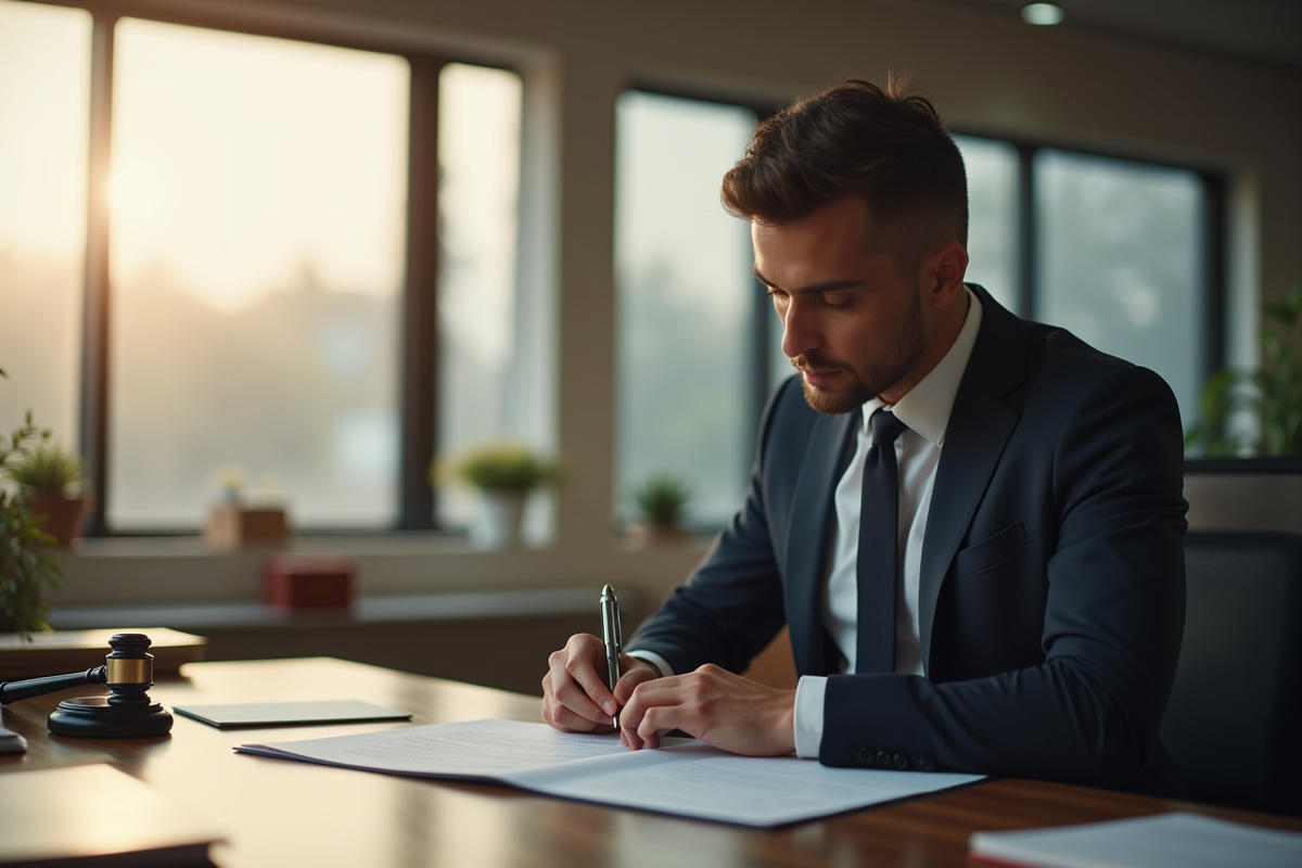 Notaire concentré examinant des documents dans un bureau moderne