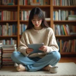 Jeune femme organisant sa collection de mangas avec une application de suivi de lecture sur tablette, entourée de piles de volumes soigneusement triés