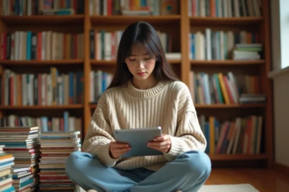 Jeune femme organisant sa collection de mangas avec une application de suivi de lecture sur tablette, entourée de piles de volumes soigneusement triés