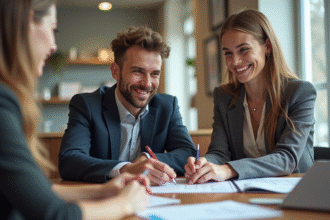 Jeune couple souriant ouvrant un compte bancaire en agence